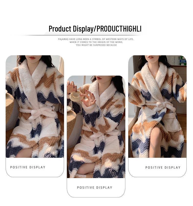 Autumn/Winter Women's Coral Fleece Bathrobe: V-neck, Belted, Long Sleeves, Mid-length, Sweet Style, Warm Homewear.