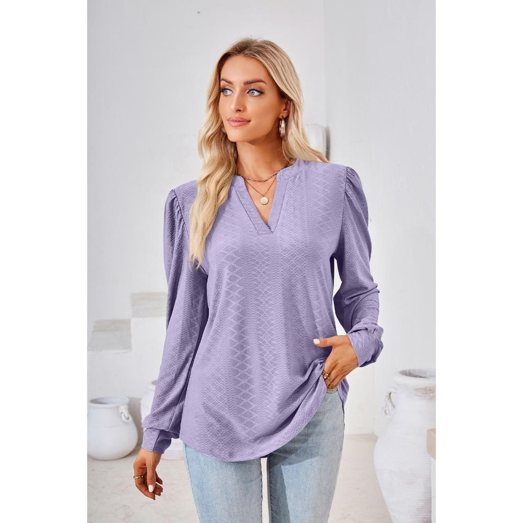 Women's Solid Color V-neck Jacquard Long Sleeve Loose T-shirt Top, Autumn Winter Casual Wear for Europe America Cross-border