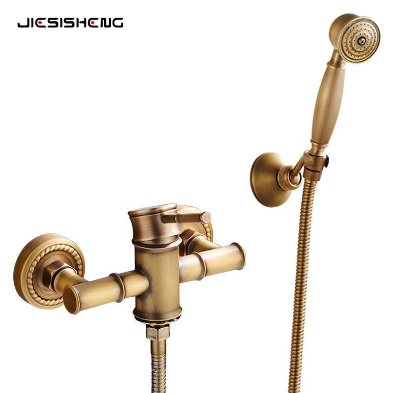 Retro Wall-Mounted Brass Bathtub Faucet and Shower Set with Handheld Shower Head for Hot and Cold Water