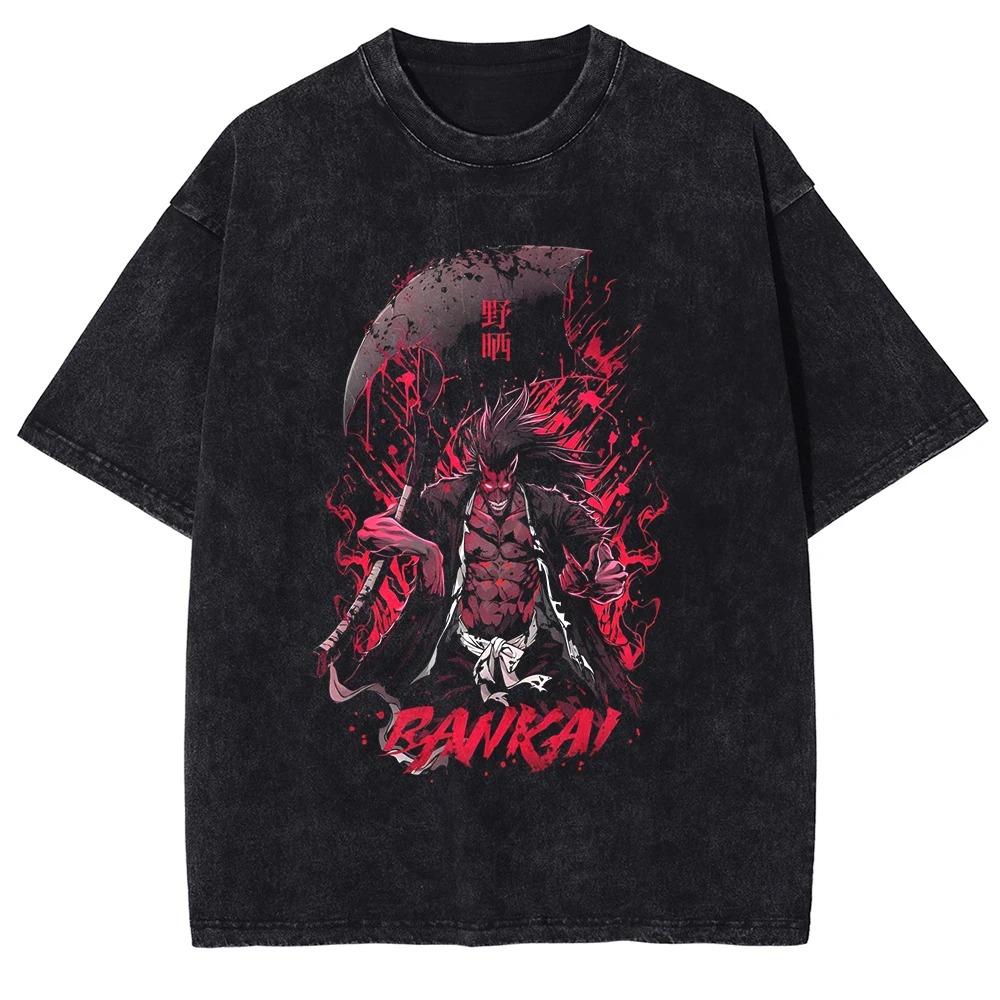 Japan Classic Anime BLEACH Zaraki Kenpachi Print Tshirt Men WomenCasual Tees Vintage Style Cotton Clothing Harajuku Washed Tops