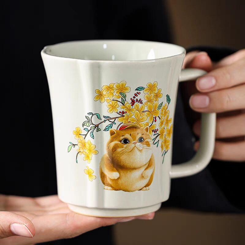 Plant Ash Cat Ceramic Green Tea Cup High-End Gift Box Office Tea Cup Drinking Water Cup Personal Cup