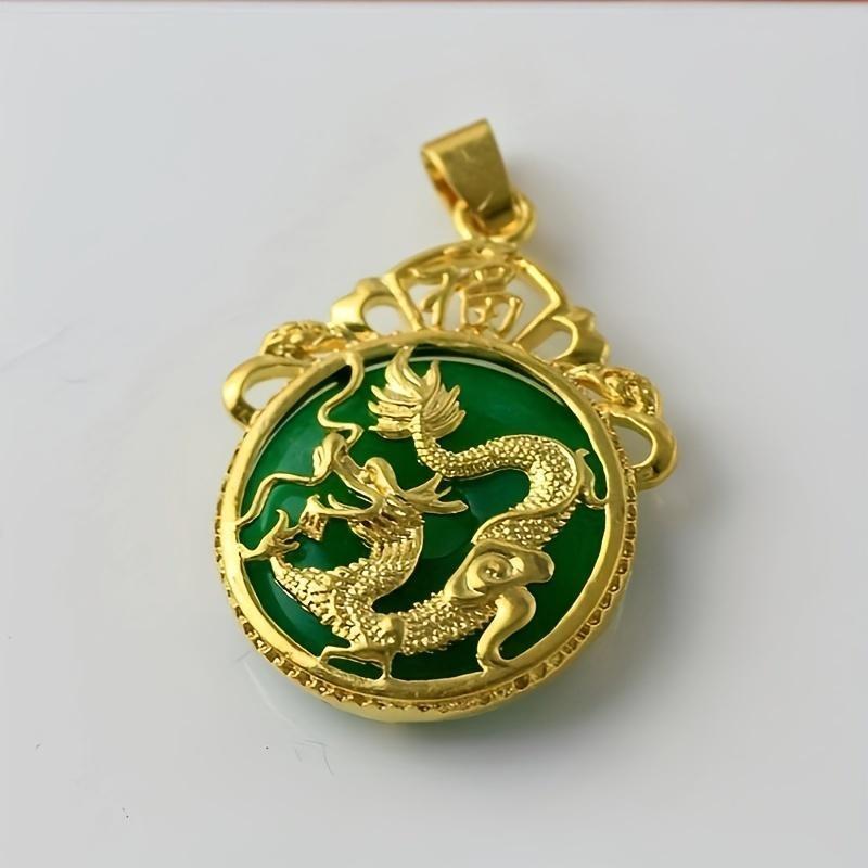 Domineering Men's Gold Inlaid Jade Circular Pendant Chalcedony Necklace Safety Clasp Lucky Dragon Pendant Necklace Accessories