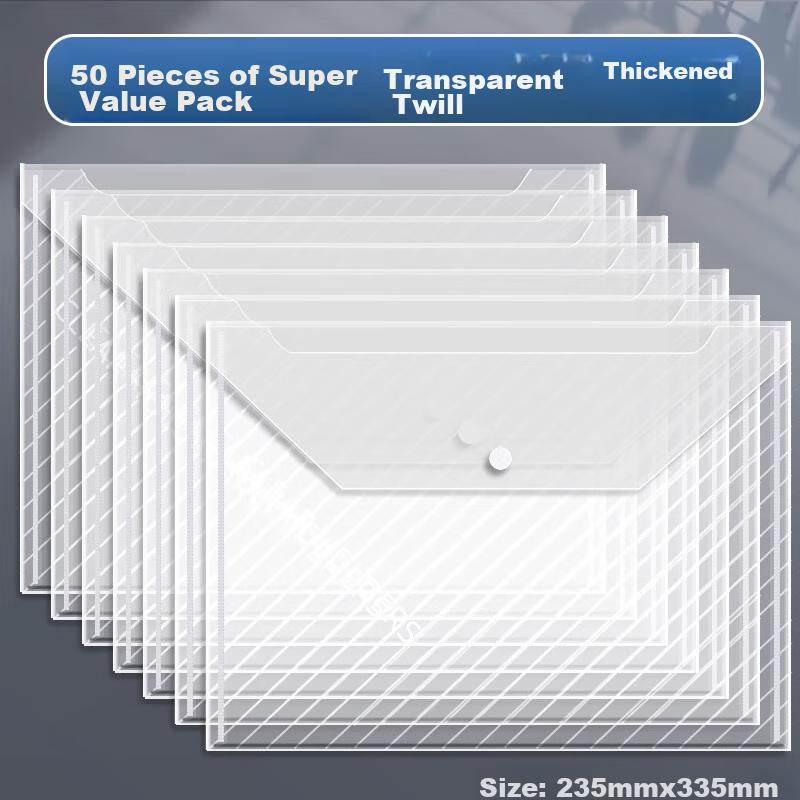 50 Transparent Diagonal A4 Thick File Folders with Button Closure, Plastic Student Exam Paper Document Storage Folders, Hidden Buttons, Waterproof