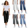 Pantaloni in Denim Traspirante Elasticizzato Pantaloni Corti da Donna, Pantaloni a Gamba Larga Altamente Elasticizzati, Jeans Elasticizzati a Gamba Larga Vita con Coulisse Casual Estivi
