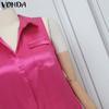 VONDA Women Sleeveless Satin Thin Jumpsuits V Neck Pockets Casual Long Rompers 