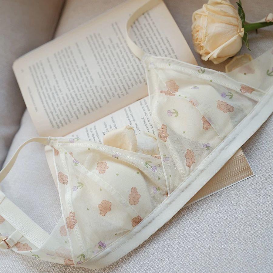 Lace Mesh Rabbit Ear Cup Women's Push-Up Wire-Free Comfortable Thin Bra