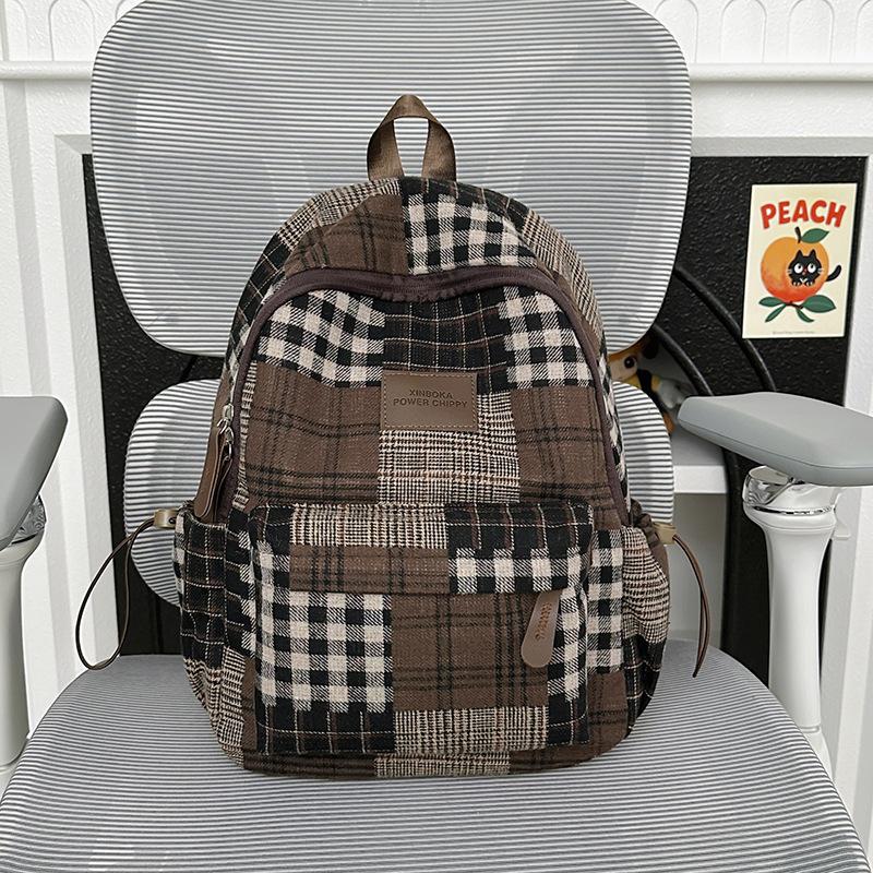 Sac à dos à carreaux rétro pour femme Sac d'école pour étudiant
