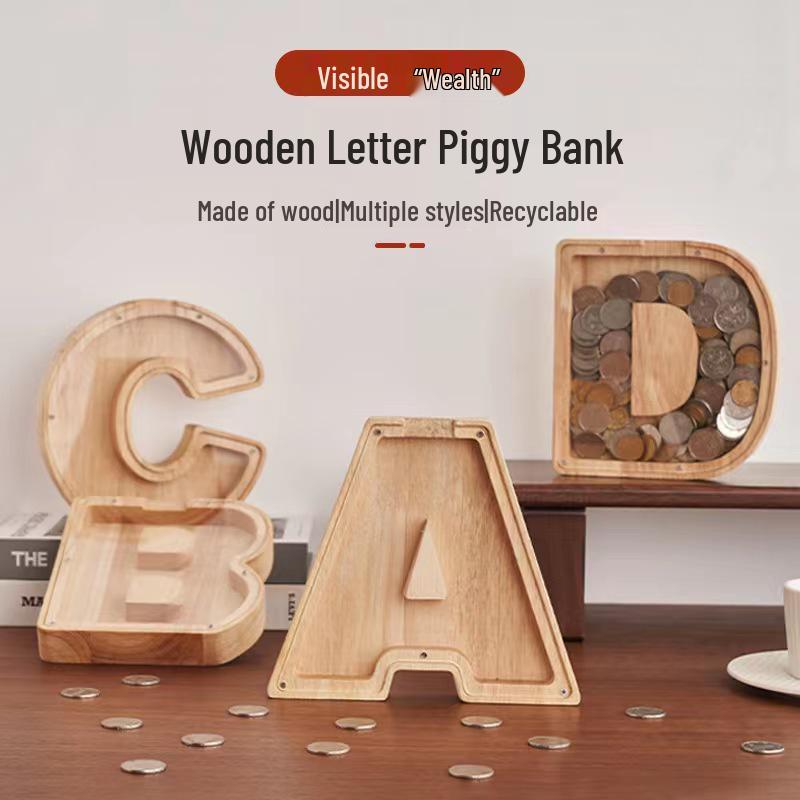 Wooden Alphabet Piggy Bank: Transparent Coin Storage Box for Kids