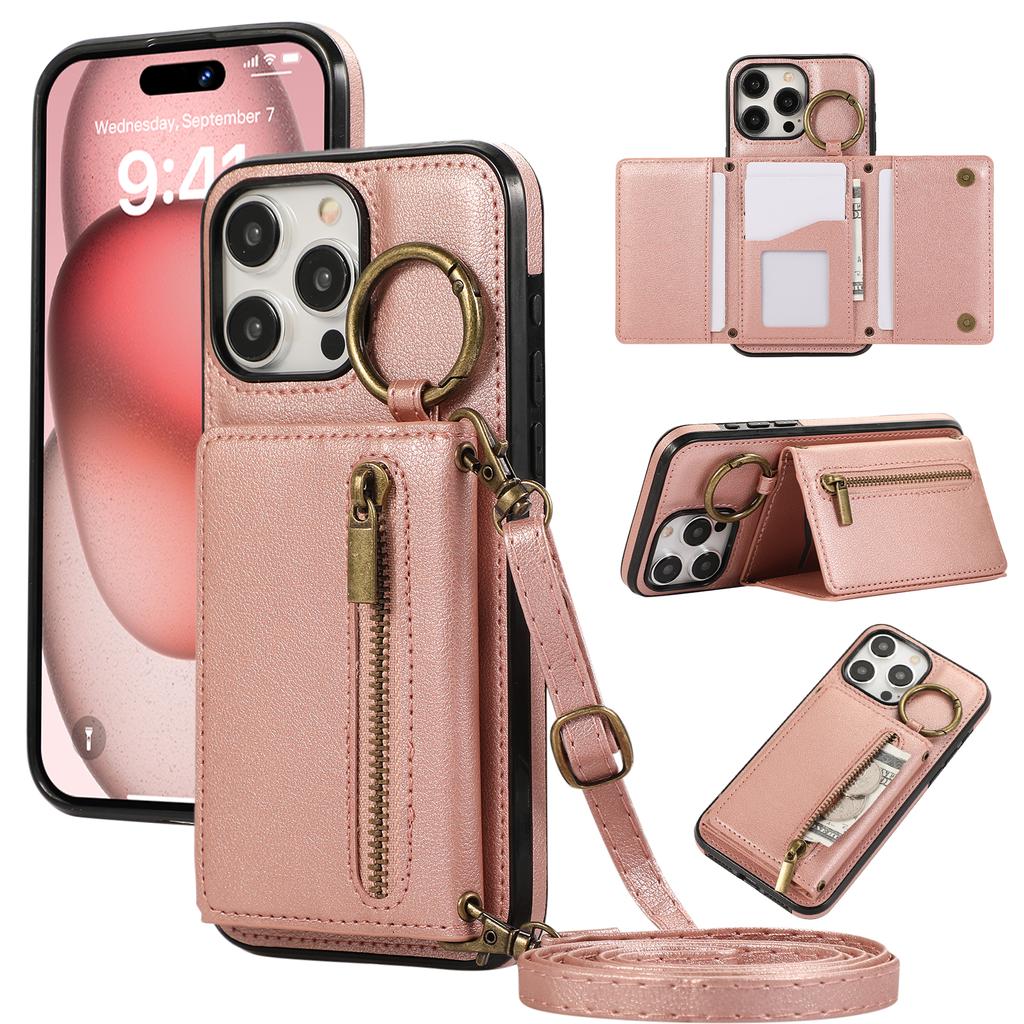 For iPhone 16 Pro Max Leather Back Cover Zipper Wallet Kickstand Phone Case with Shoulder Strap
