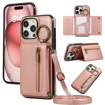 Kožené pouzdro s trojitou peněženkou a zipem pro iPhone 15 Pro Max 14 Plus 13 12 11 XS XR 7 8 SE2022 s držákem na prsten