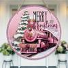 Pink Train Merry Christmas Decor Round Wooden Hanging Plaque Indoor Outdoor Wall Sign Festive Holiday Home Decorations Door Ornament