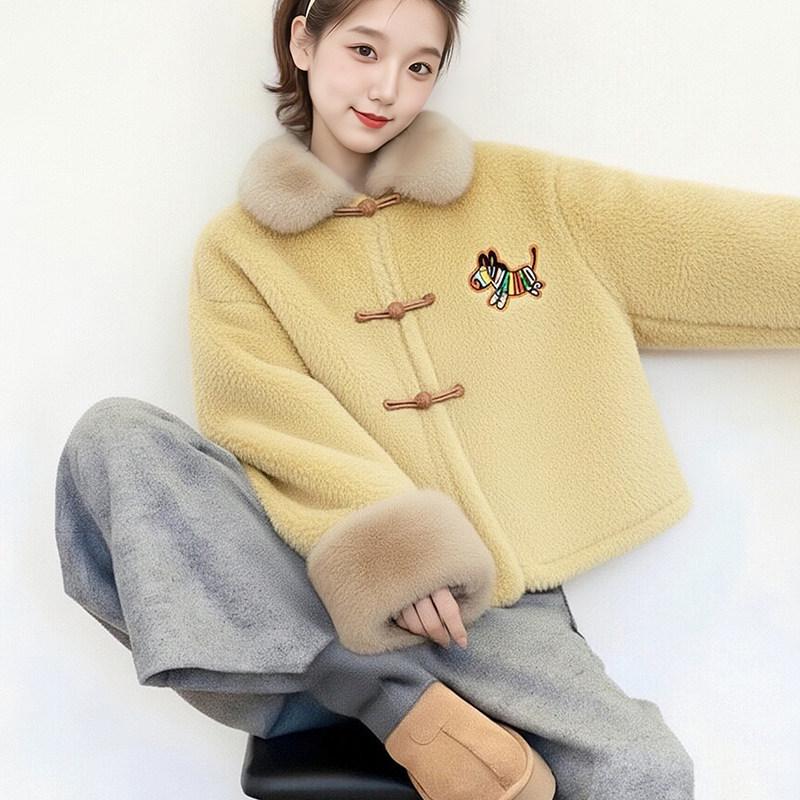 Women's Yellow Fox Fur-Lined Plush Lapel Coat - High-End, Eco-Friendly, Oversized Winter Style