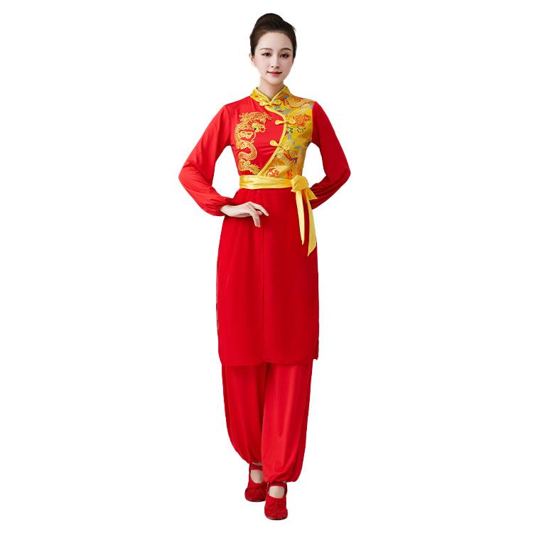 

Женский костюм для квадратного танца с мотивом дракона: Классический народный танец Костюм для выступления в китайском стиле (Топ + Блумеры + Пояс) S красный