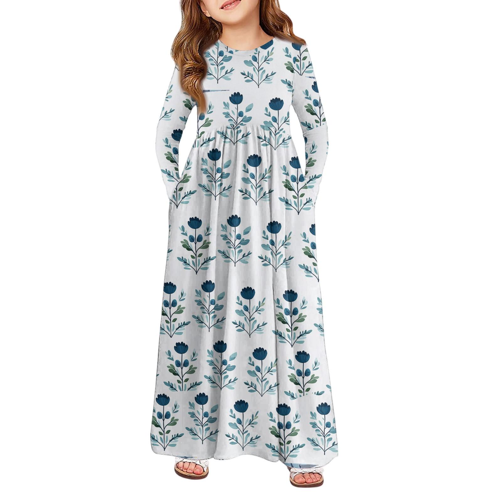 

Девичье платье макси - Платье с длинным рукавом и карманом 160 светло-синий