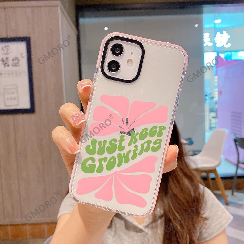 Spring Doodle Pink Flower Phone Case Suitable for iPhone 17 Full-Coverage Transparent Apple 16pm Women's Protective Case
