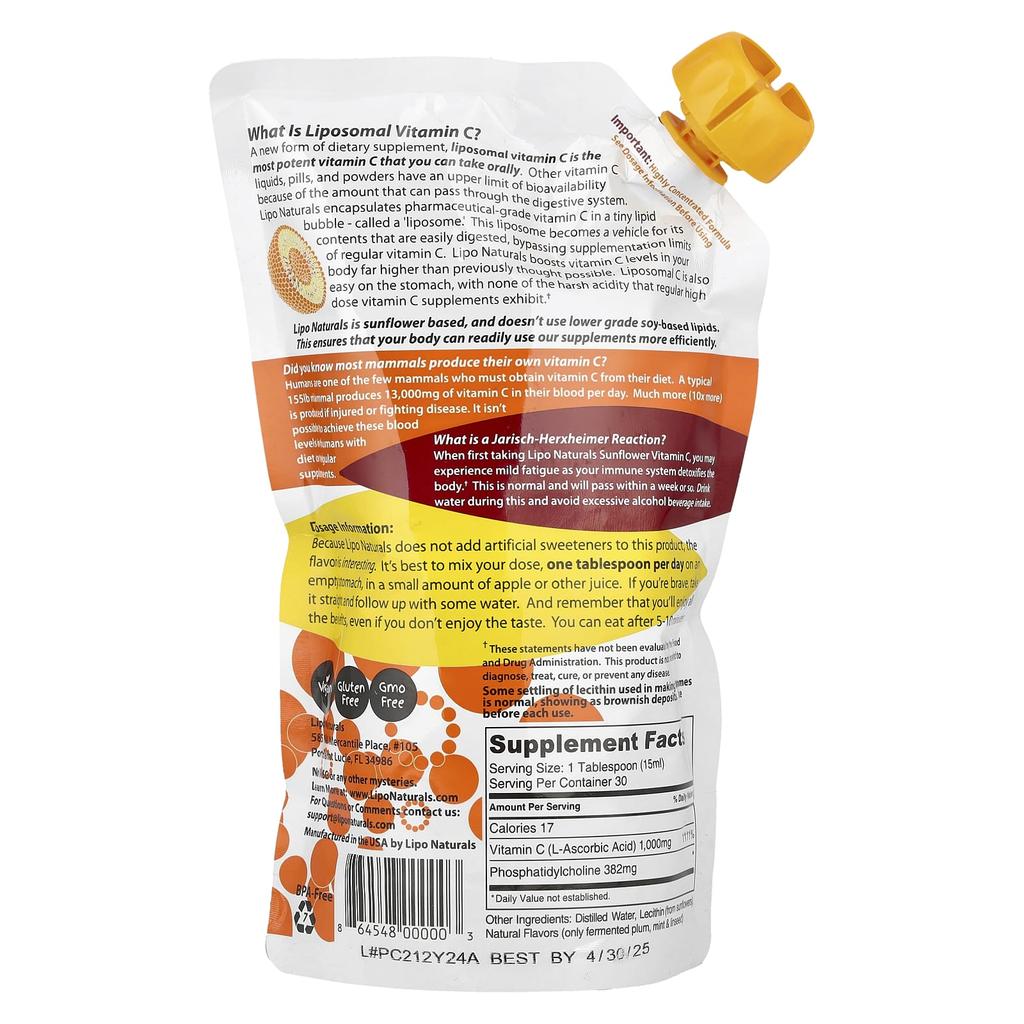 Lipo Naturals, Liposomal Vitamin C from Sunflower Extract, 15 Oz (443 Ml)