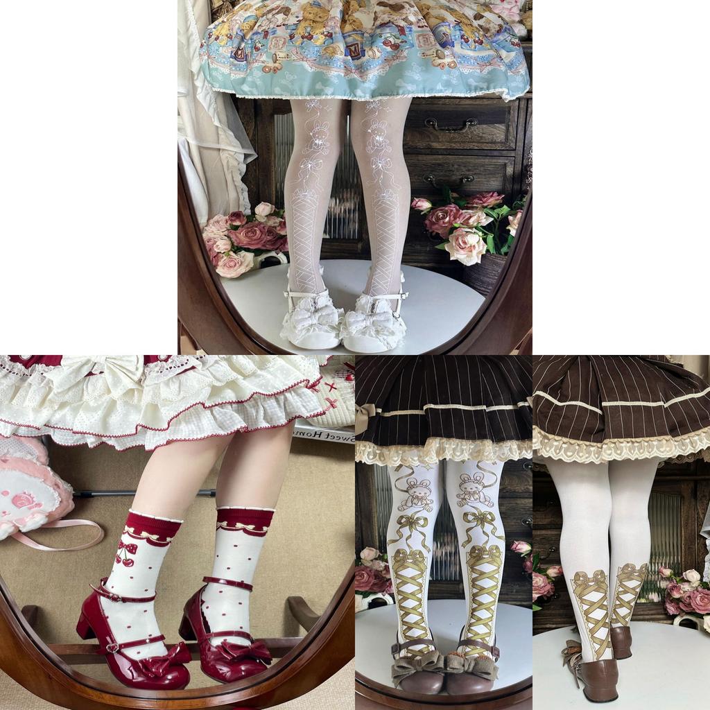 Strawberry Bear Lolita Cotton Stockings With Cartoon Pattern For Youth Fashion