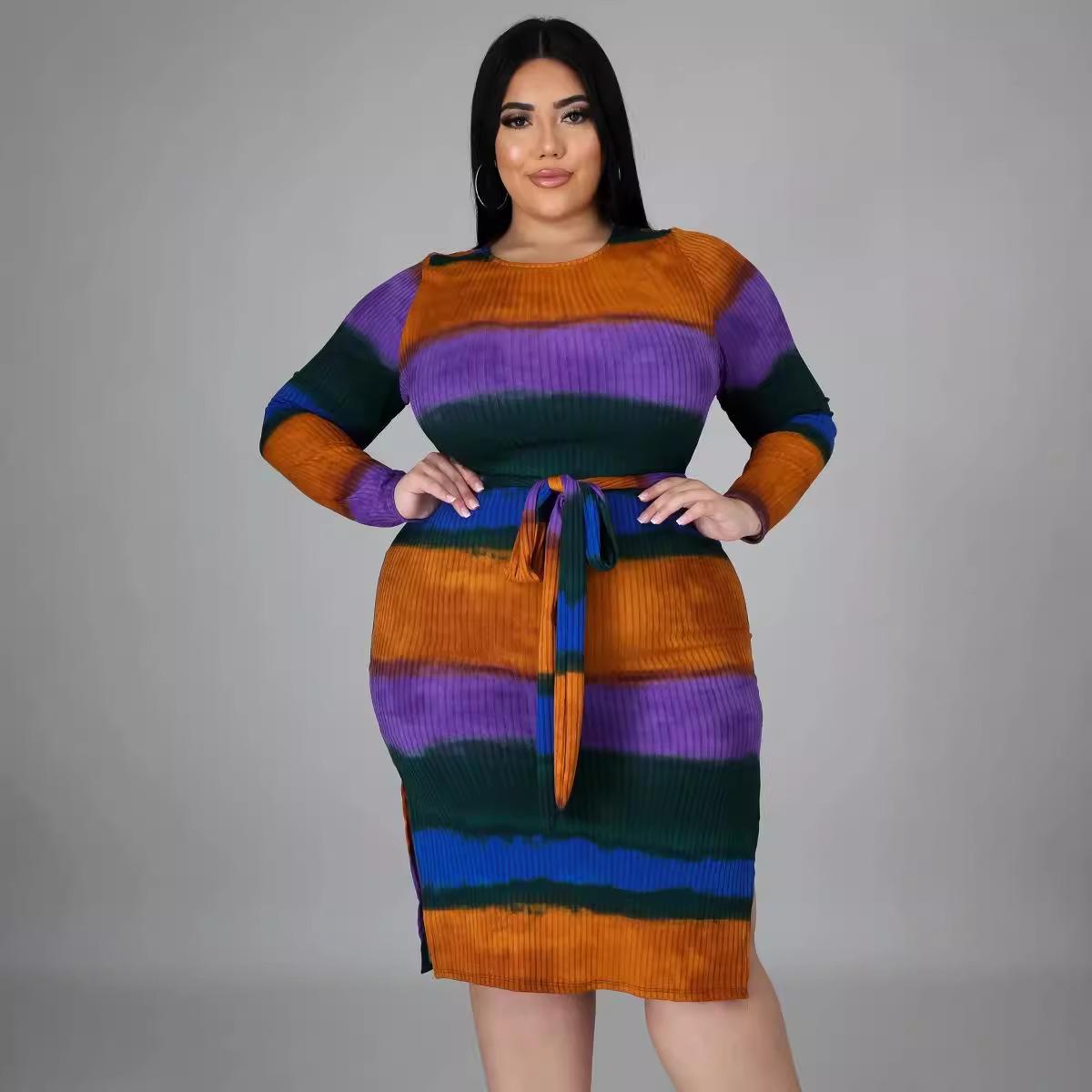 

Осенне-зимнее женское платье больших размеров с принтом в полоску и галстуком 5XL