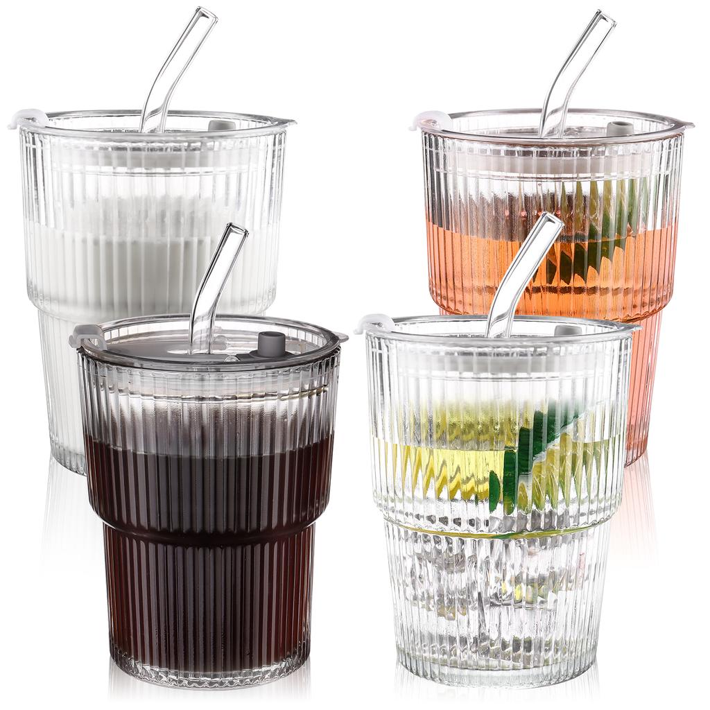 4 Pcs 16 Oz Iced Coffee Cups Ripple Glass Drinking Tea Juice Cup With Lids Straws Ribbed Clear Glasses Cups Reusable Water Glass