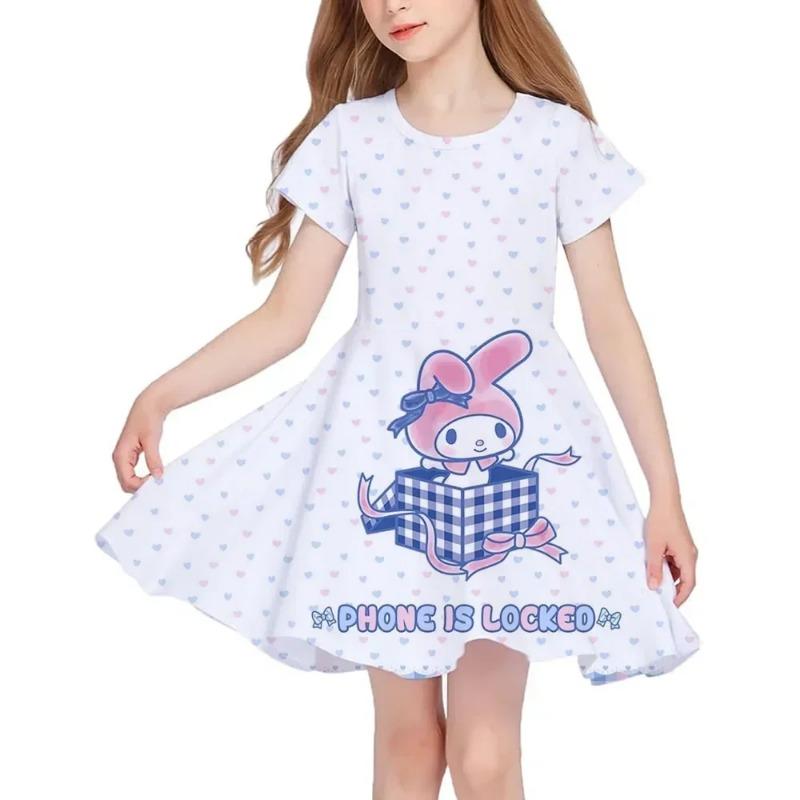 Summer New Girls Short-Sleeved Dress Hello Kitty 3D Printed Children's Fishtail Skirt Casual