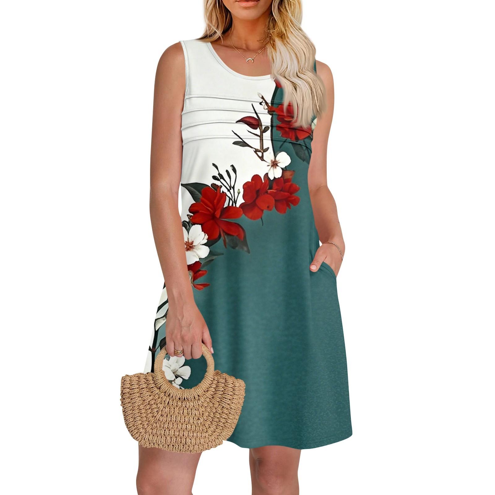 

Жіночі літні сукні з круглим вирізом, плісирована передня майка, без рукавів, кишені, повсякденна сукня XXL синій