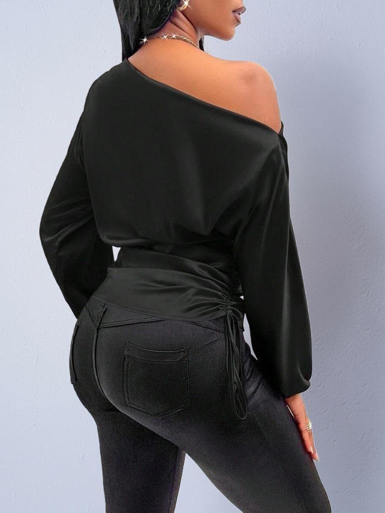 Asymmetrical Satin Blouse with Slanted Collar - Women's Spring/Autumn Collection