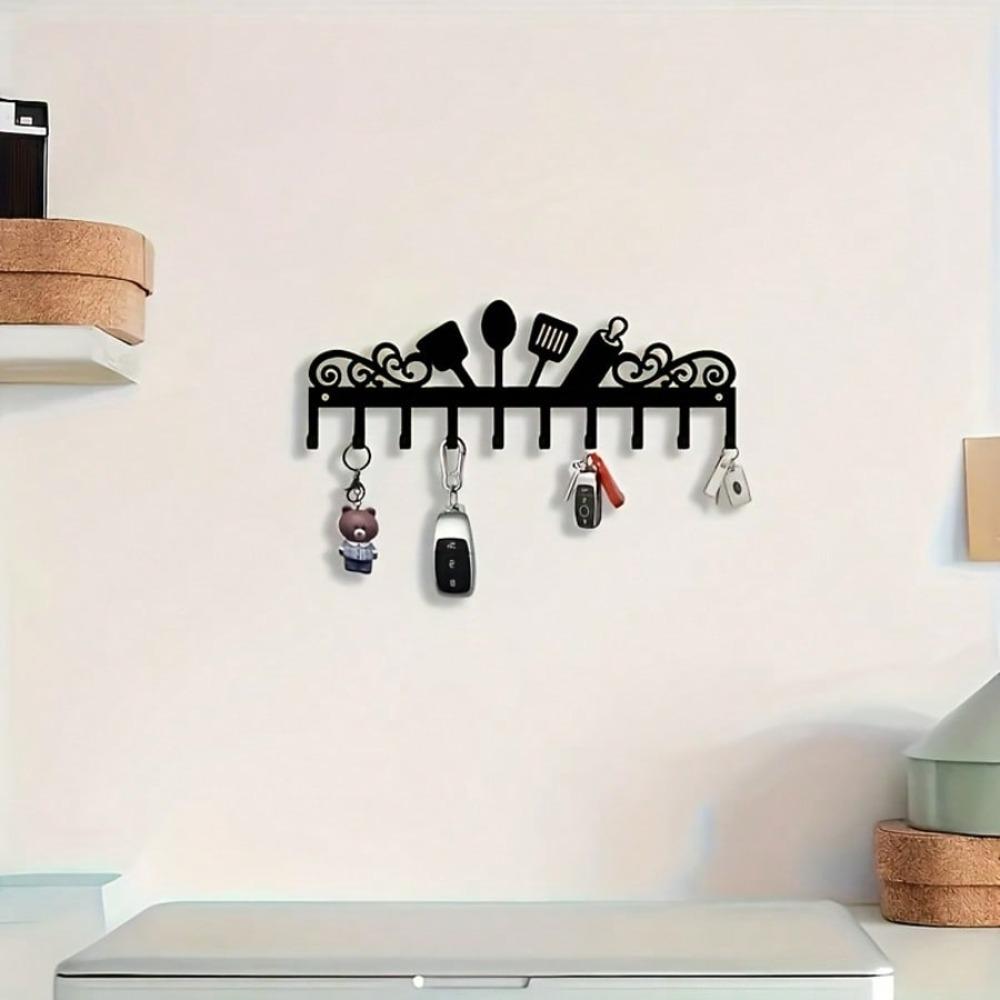 Metal Key Holder Wall Mount Black Kitchen Organizer 10 Hooks Elegant Silhouette