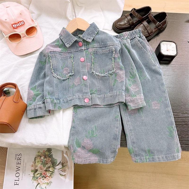 Girls Clothing Sets Spring Autumn Children's Clothing Cute Denim Jacket Cardigan Straight Leg Jeans Kids Suit