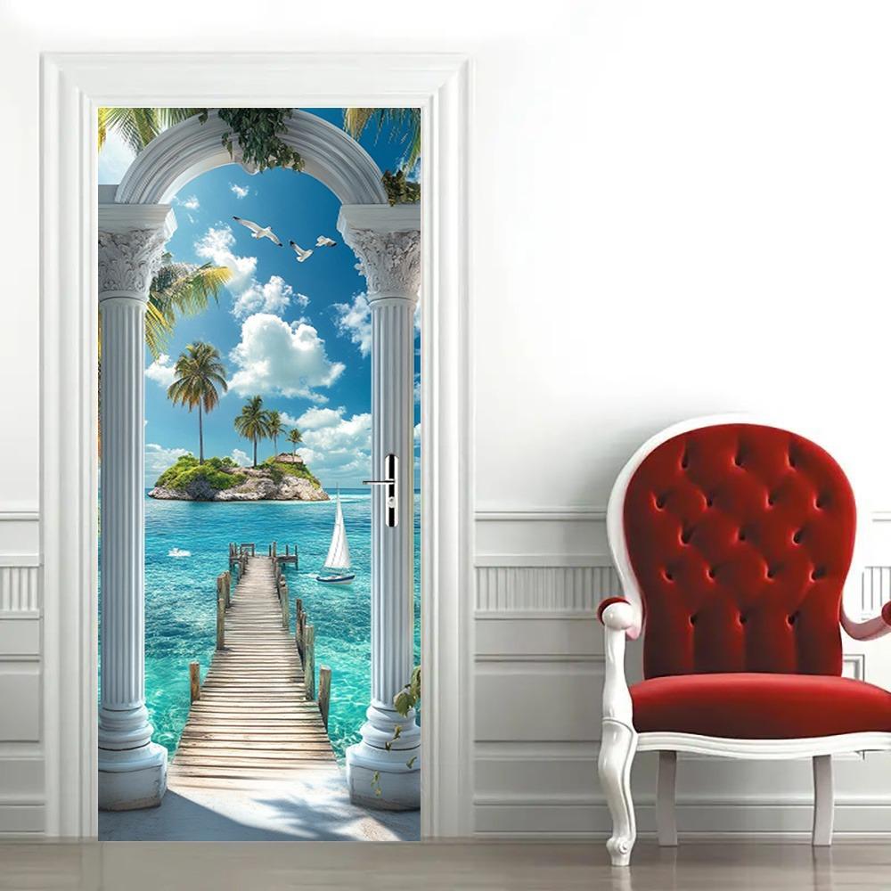 Ruhige tropische Küste, sonnenbeschienen, perfekt für die Schlafzimmerwanddekoration: Selbstklebende PVC-Wandaufkleber im modernen Design und künstlerische Türaufkleber