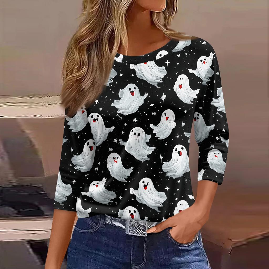 Women's 3/4 Sleeve Loose Fit Casual Shirt Round Neck Halloween Print T-Shirt Top for Everyday Wear