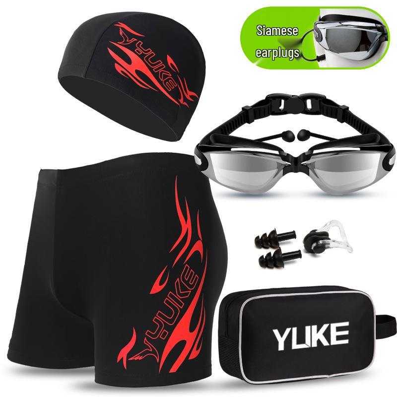 Men's Plus Size Swim Trunks with Flat Leg and Swim Gear Set (Includes Goggles and Cap)