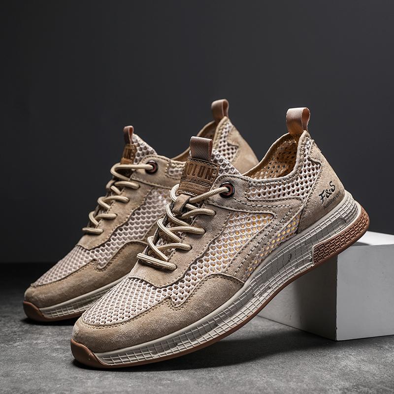 Fashion Men Breathable Mesh Top Layer Pigskin Casual Shoes Fashion Patchwork Men Sneakers Summer Man Comfortable and Soft  Walking Shoes