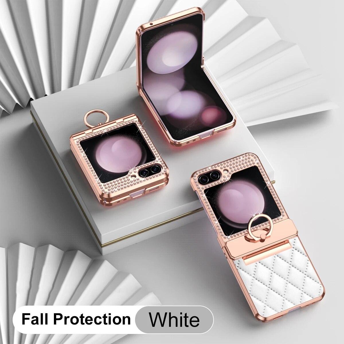 

Чехол-держатель с кожаным покрытием и бриллиантами для Samsung Galaxy Z Flip 5 4 3 5G Противоударный защитный чехол на петлях For Galaxy Z Flip 3 белый