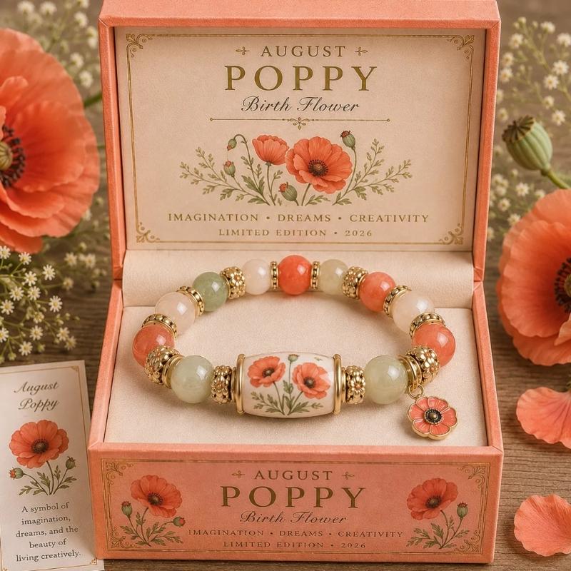 Birth Flower Bracelet Gift Box Beaded Stretch Bracelet Jewelry with Floral Centerpiece for Sentimental Birthday Giving