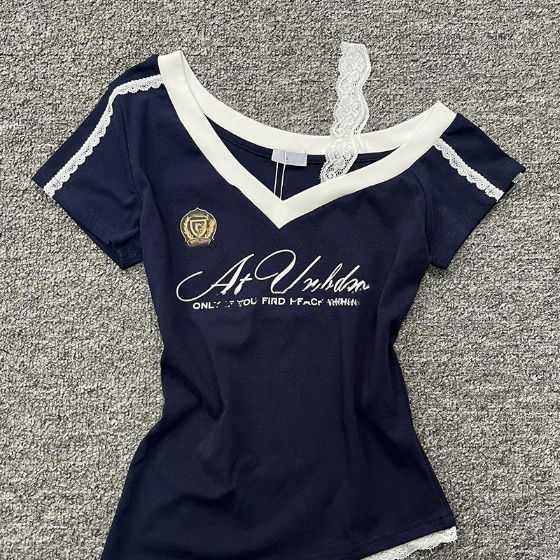 Millennium Style Gothic Taillen-Spleißspitze Träger Kurzarm T-Shirt für Damen Sommer Marineblau Slim Fit Top