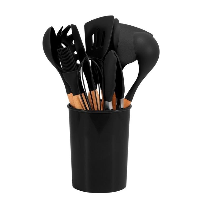 12Pcs/Set Silicone Kitchenware Wooden Handle Cooking Utensils Set Non-Stick Shovel Spatula Spoon Clip Kitchen Tools