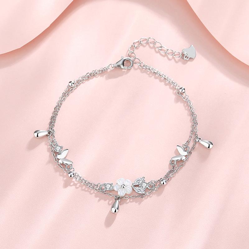 Tichia S925 Sterling Silver Double Layer Butterfly Bracelet with Exquisite Shell Flower Design for Women 925 Silver