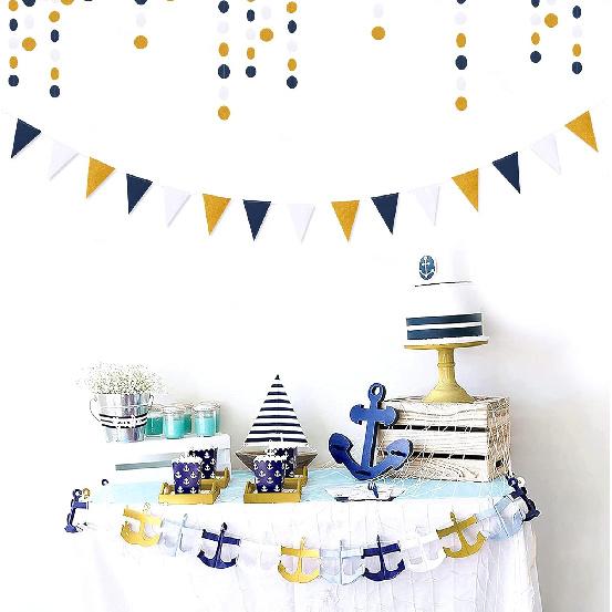 Navy-Blue White-Gold Party Decorations Banner - 2 Pack Men Birthday Graduation 2025 Glitter Sprinkles Paper Pennant Triangle Flags, Fathers Day