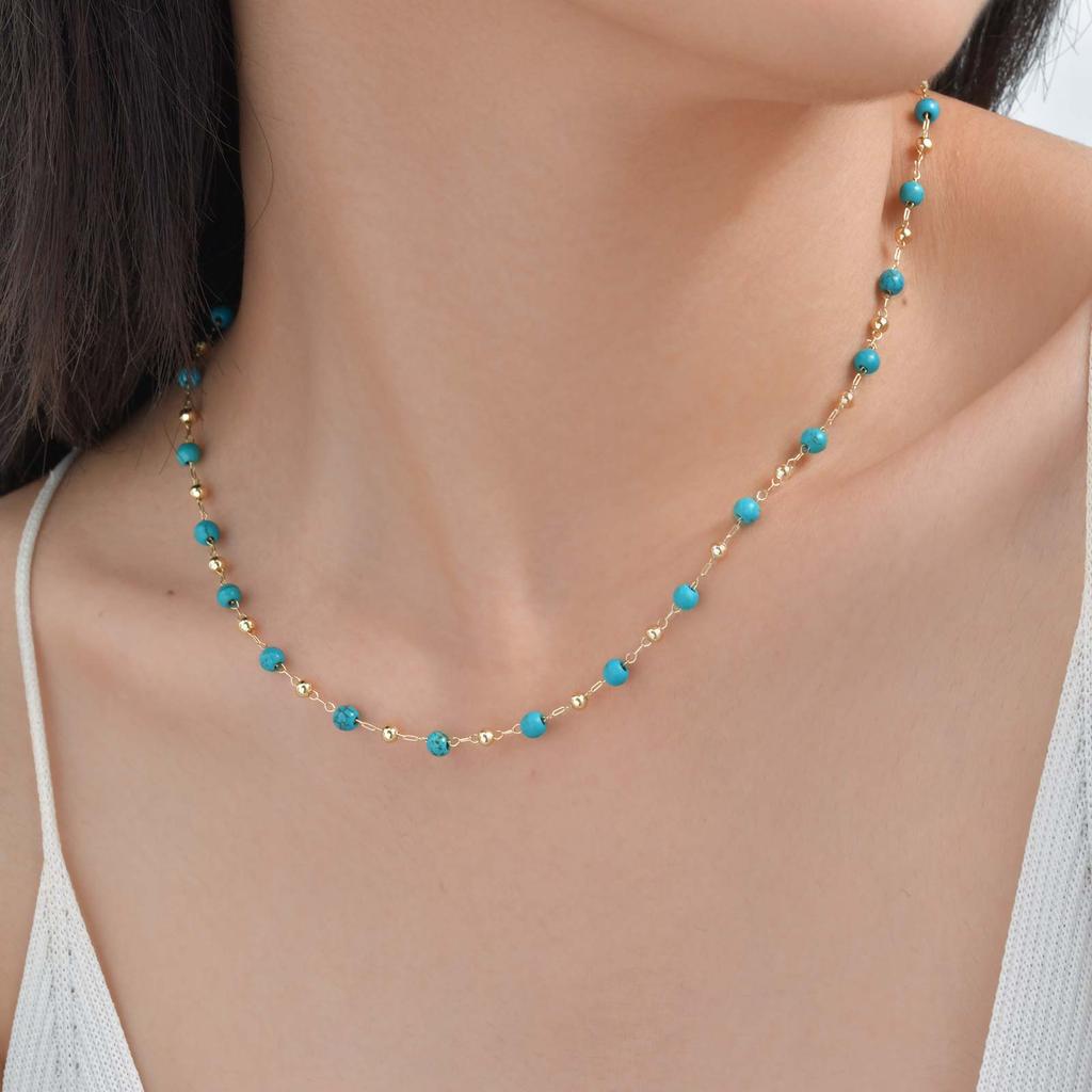 Bohemian Natural Stone Beaded Necklace for Women,Gold Plated Turquoise Rice Bead Choker Necklaces,Fashion Jewelry Gift