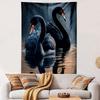 Two Black Swans on Dark Misty Lake Reflection Wall Tapestry Moody Wildlife Decor for Bedroom Living Room