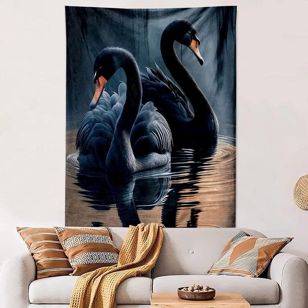 Two Black Swans on Dark Misty Lake Reflection Wall Tapestry Moody Wildlife Decor for Bedroom Living Room