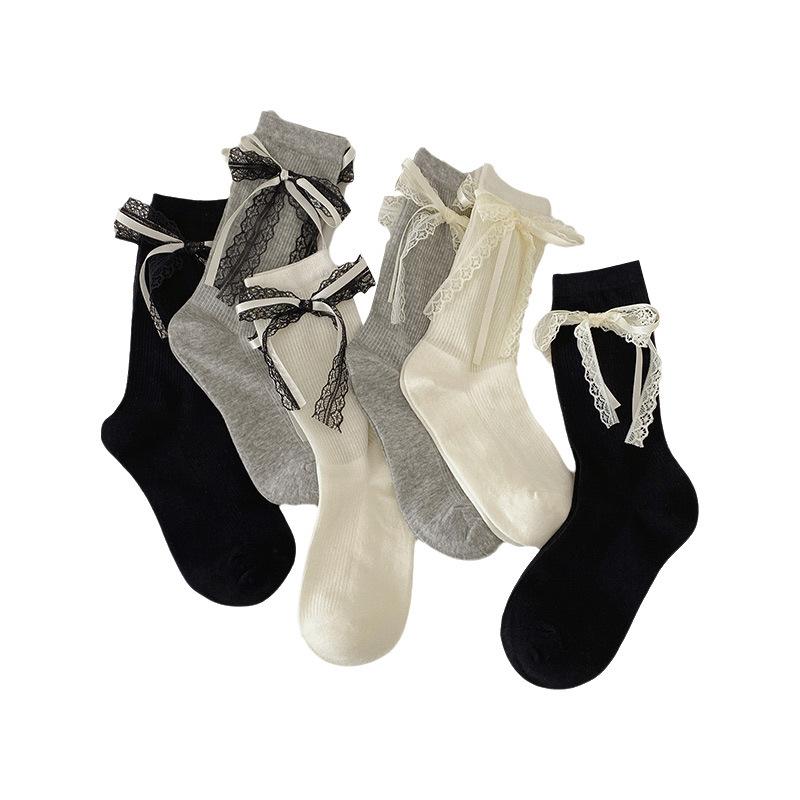 Female Spring and Summer Thin Style Lace Bow Mesh Breathable Sweet Ballet Wind Tube Cotton Socks