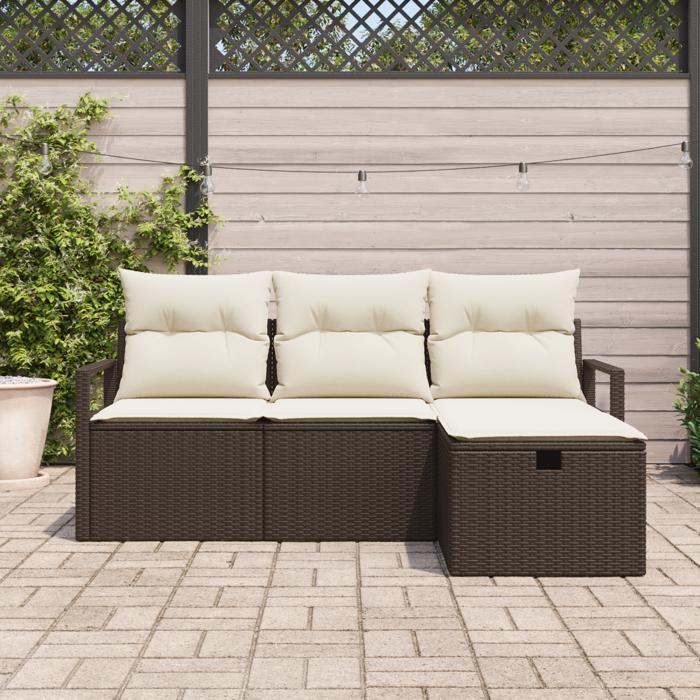 Ensemble de canapé de jardin 4 pièces avec coussins en rotin poly marron, Canapé de jardin 2 places avec rangement 3360479