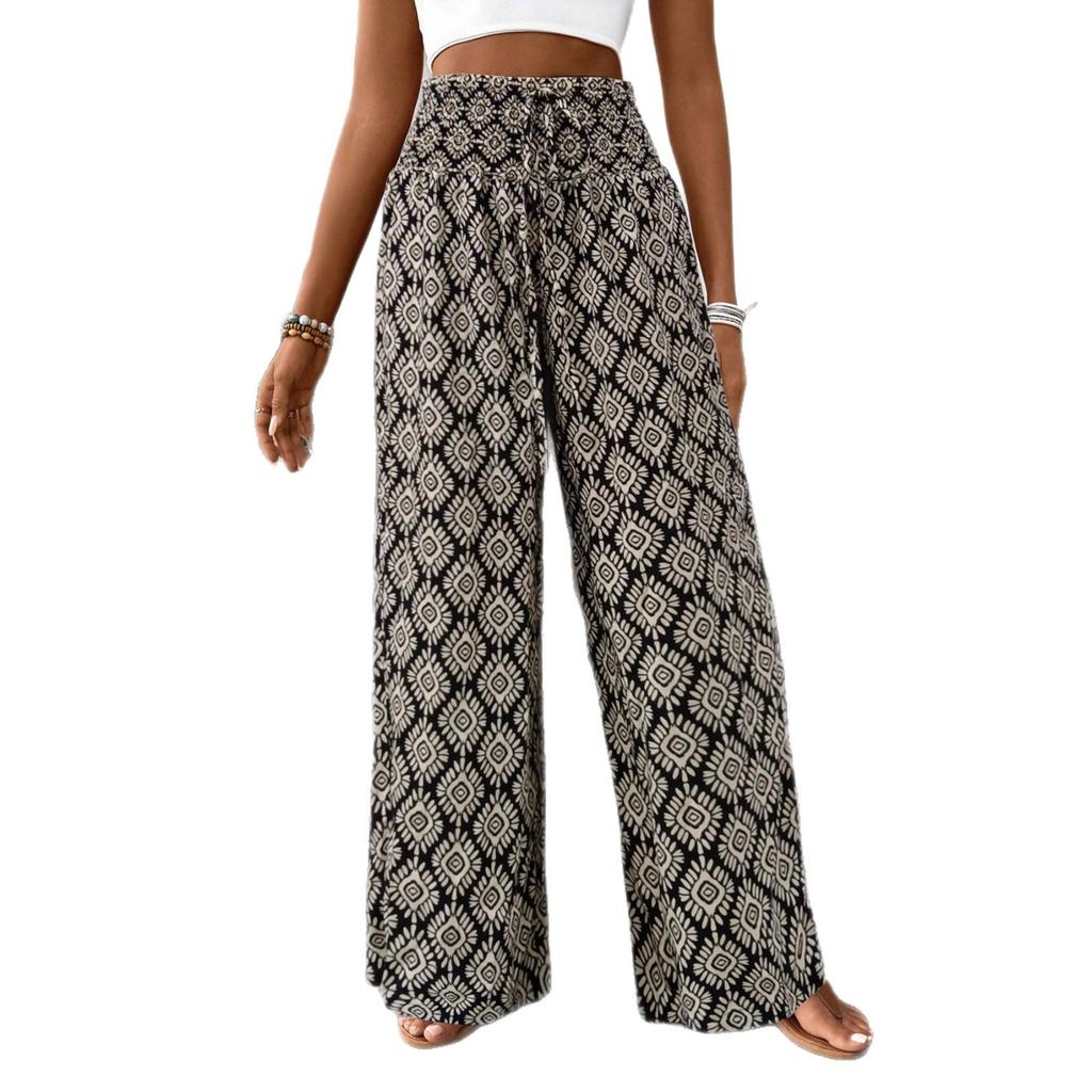 High Waist Printed Wide Leg Pants Women's Elastic Waist Casual Pants Bohemian Pants