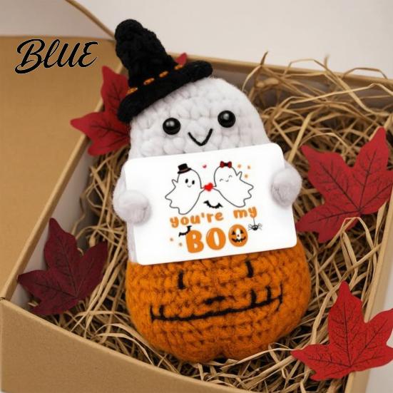 Energy Emotional Support Gift Hand Knitted Halloween Ghost Ornament Crochet Plush Doll with Warm Hearted for Students Encouragement Card Cute