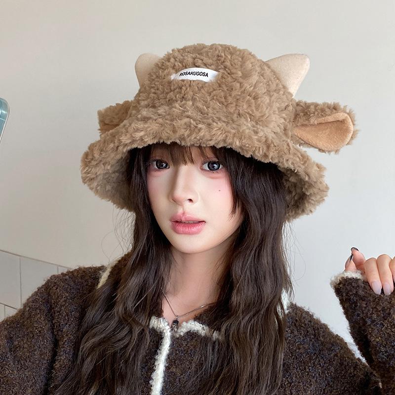 Cute Lamb Ears Plush Women's Bucket Hat - New for Autumn/Winter 2025, Warm Basin Hat with Face-Slimming Style