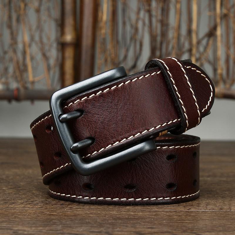 Belt Men's Retro Trendy All-Match Italian First Layer Cowhide Double Pin Buckle Genuine Leather Jeans Belt
