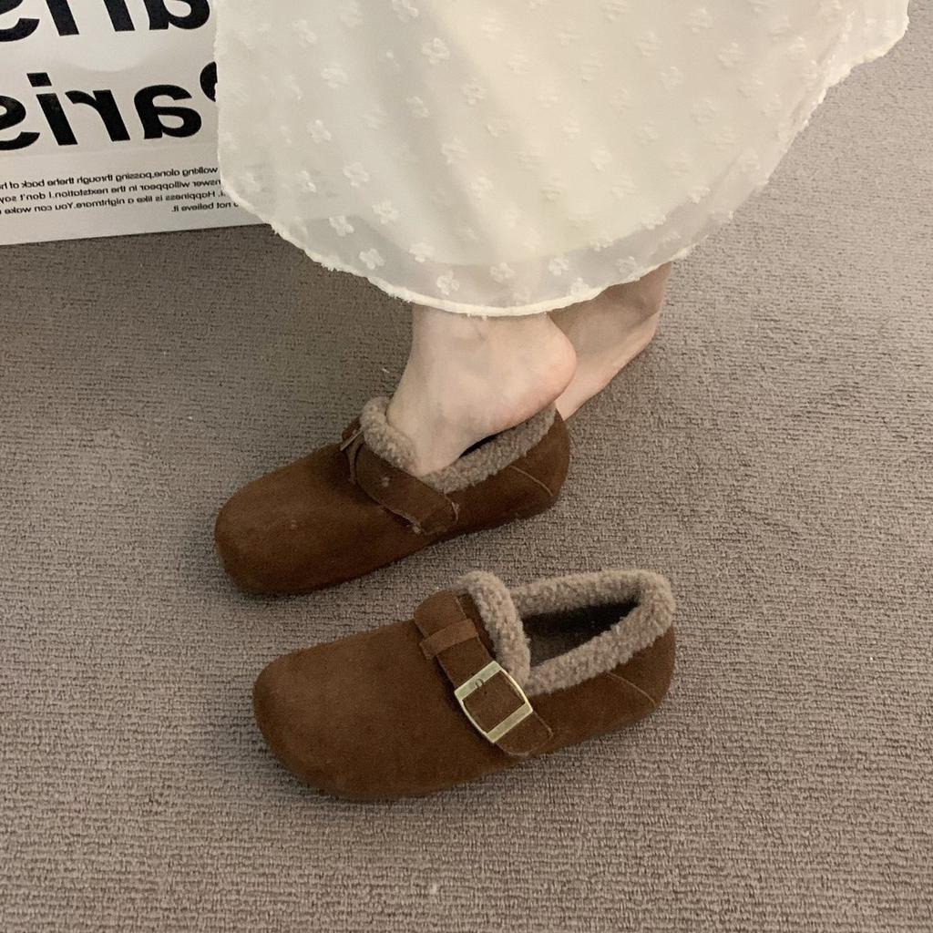 Thick-soled Velvet Boken Shoes for Women's Outer Wear 2025 Autumn and Winter New Models, One-pedal Ugly and Cute Evening Wind Warm Doudou Cotton Shoes