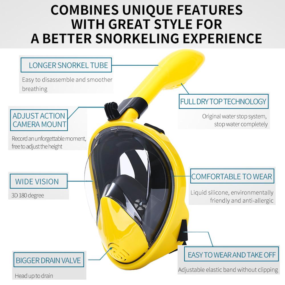Maschera Integrale da Snorkeling Maschera da Sub Occhialini da Nuoto per Adulti Supporto Staccabile per Fotocamera Vista Panoramica a 180° Sistema di Respirazione di Sicurezza