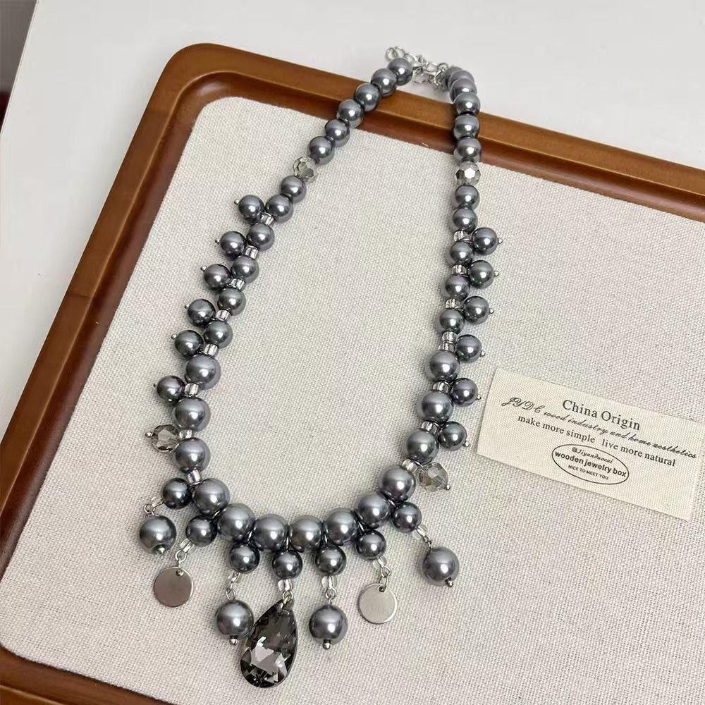 Grey Pearl Water Drop Pendant Neckchain Fashion Women's Clavicle Chain Party